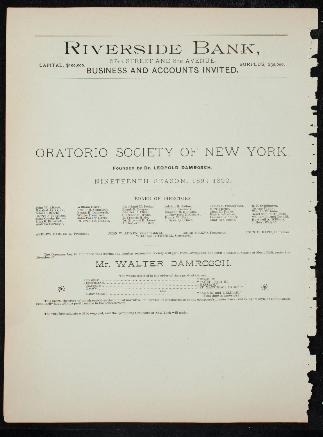 Damrosch Sunday Concert, December 13, 1891, program page 8