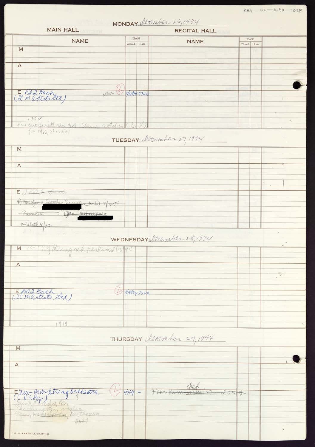 Carnegie Hall Booking Ledger, volume 40, page 38