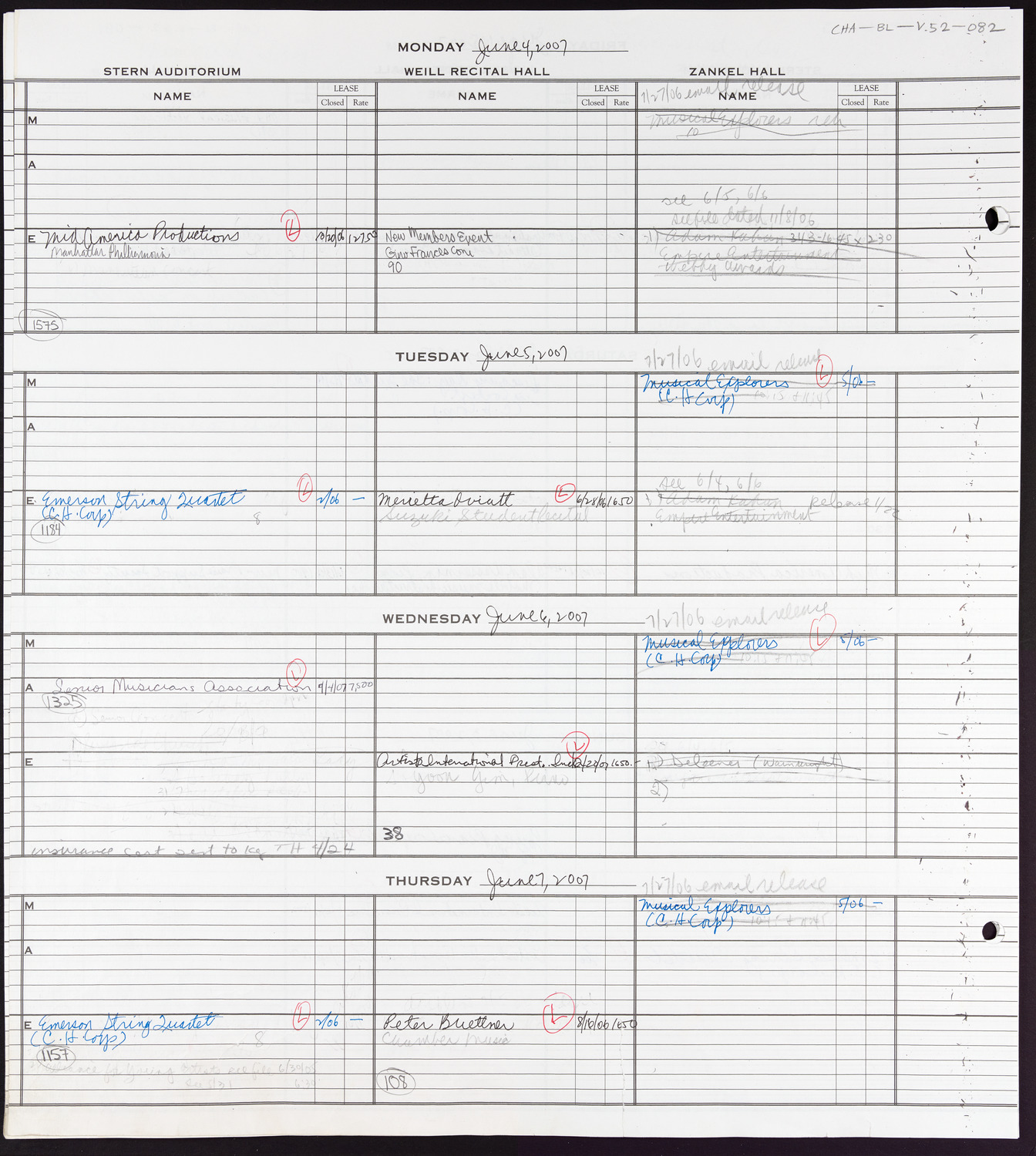 Carnegie Hall Booking Ledger, volume 52, page 82