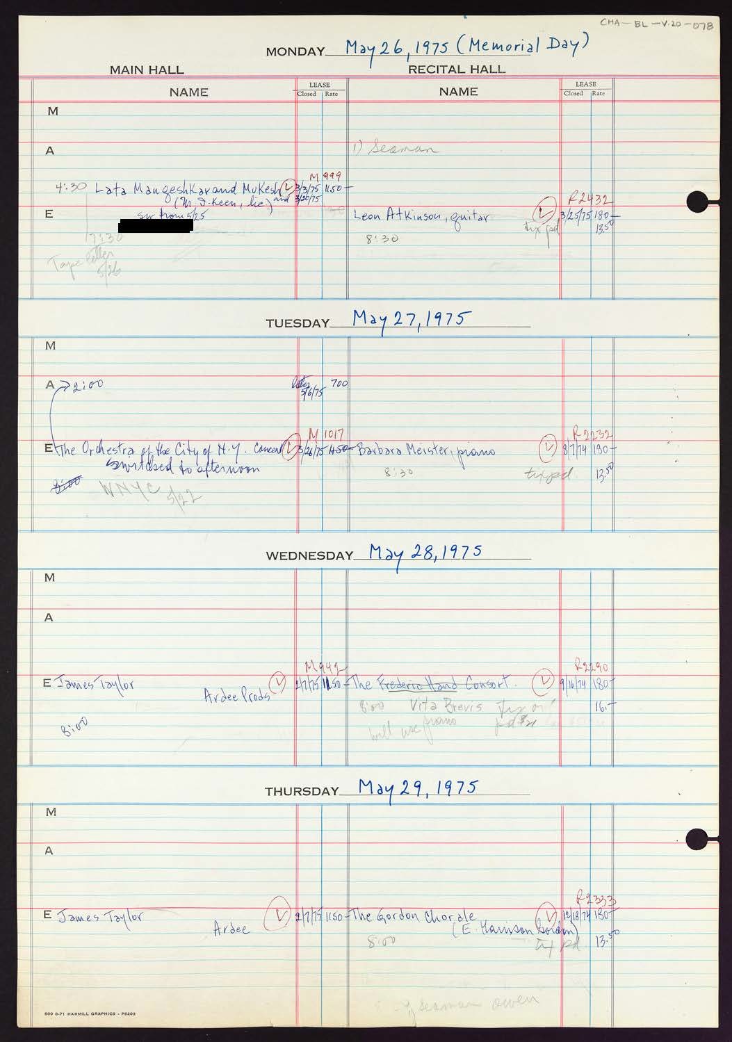 Carnegie Hall Booking Ledger, volume 20, page 78