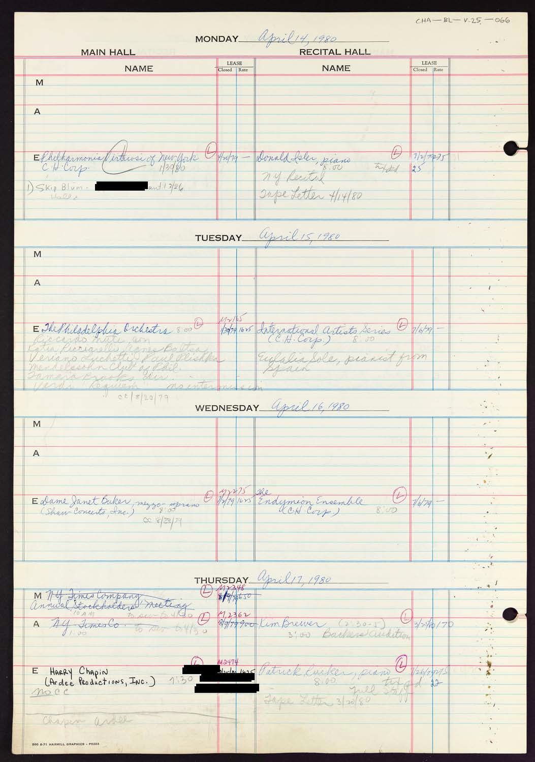 Carnegie Hall Booking Ledger, volume 25, page 66