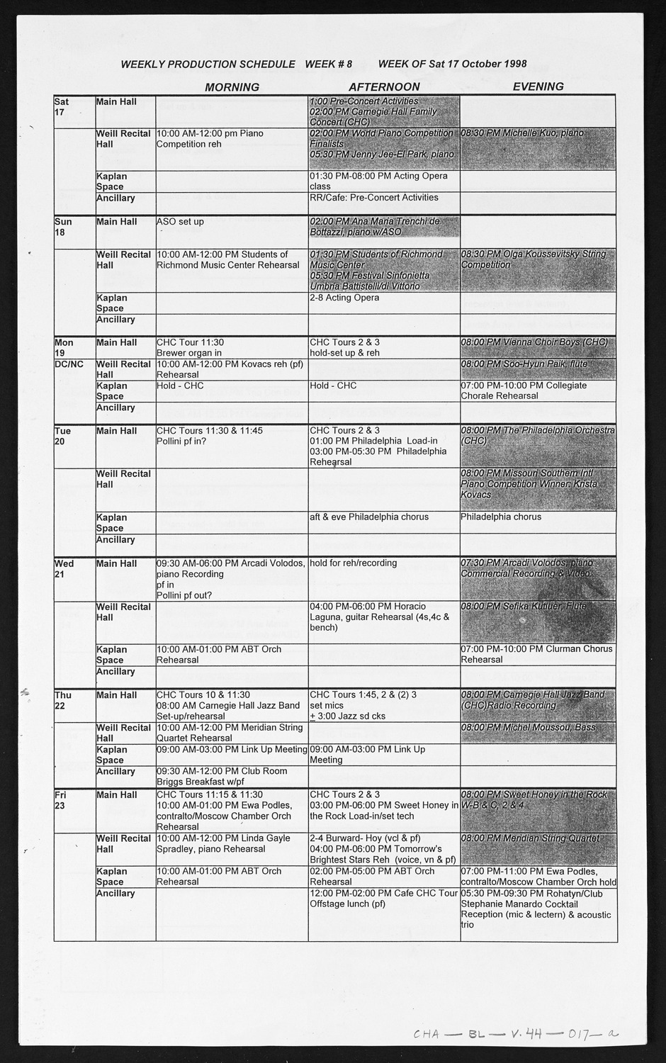 Carnegie Hall Booking Ledger, volume 44, page 17a