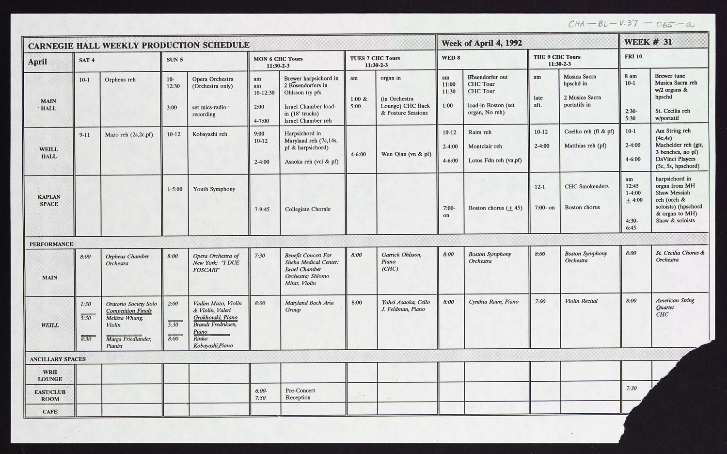 Carnegie Hall Booking Ledger, volume 37, page 65a