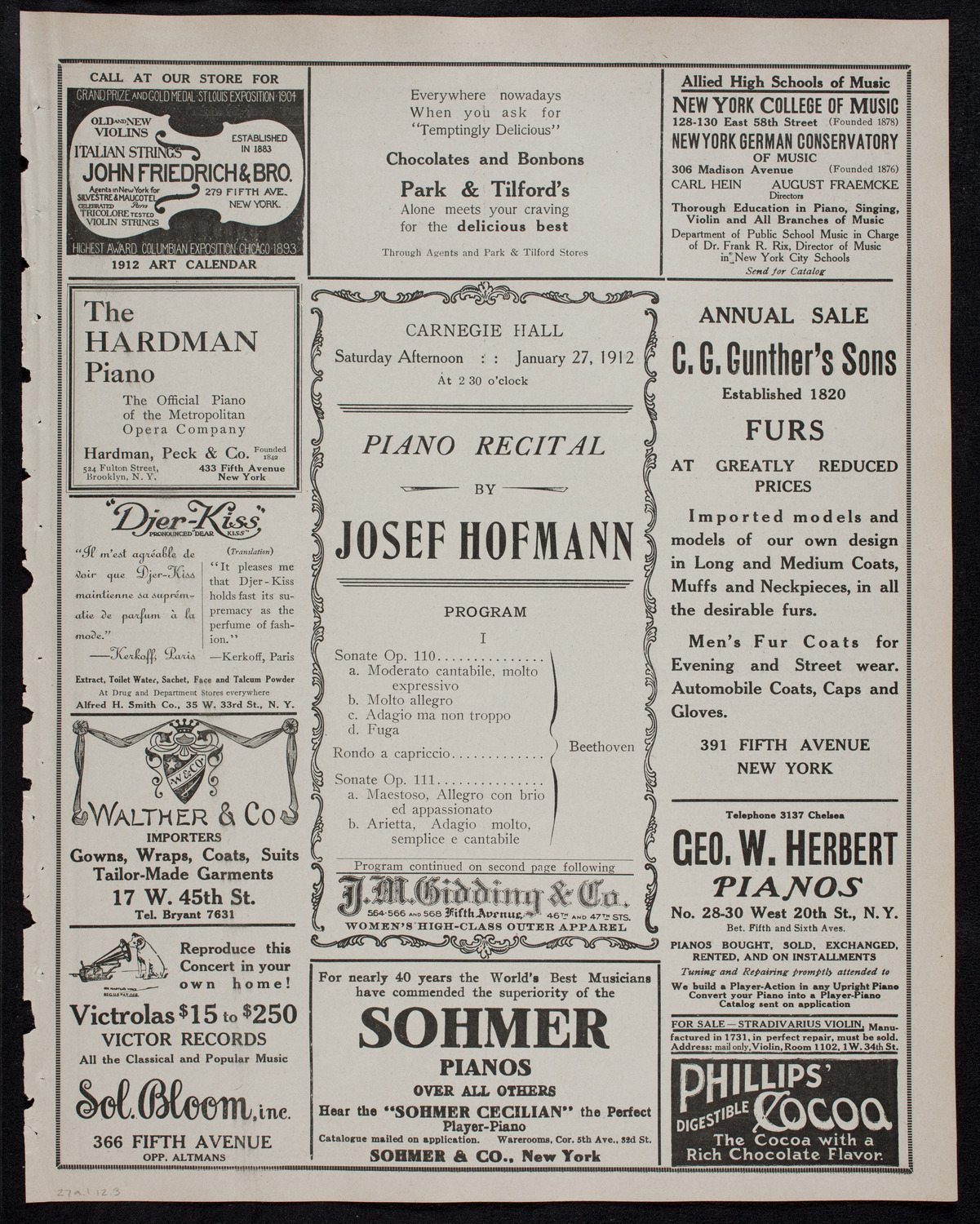 Josef Hofmann, Piano, January 27, 1912, program page 5