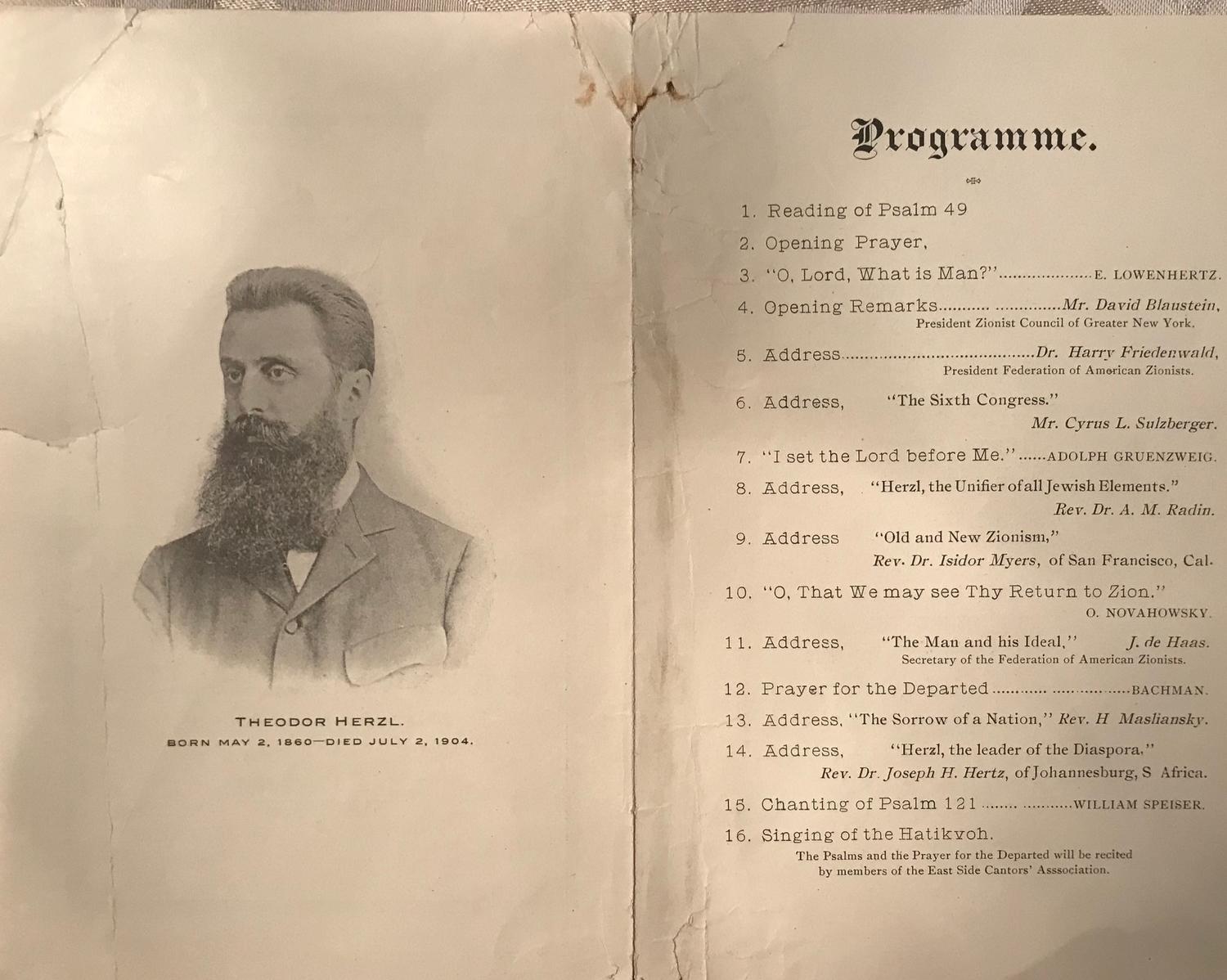 Memorial Mass Meeting in Honor of Dr. Theodor Herzl, July 17, 1904, program page 2