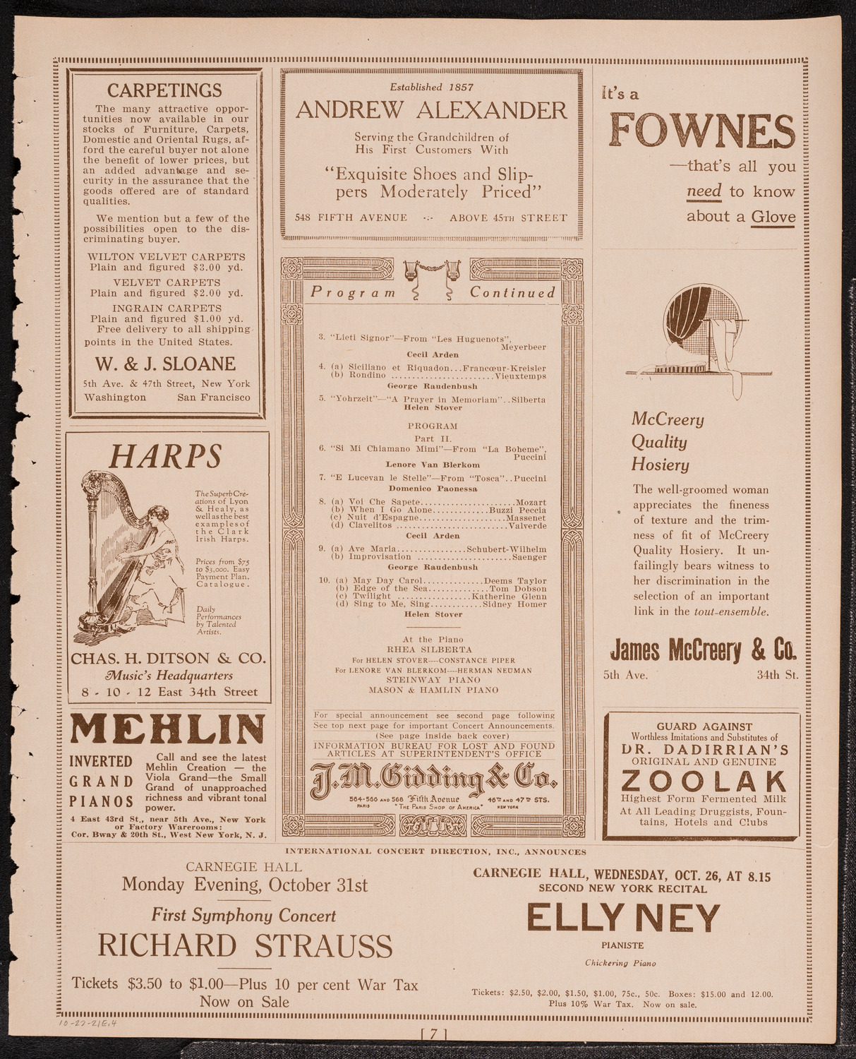 Gala Concert Presented by Maurice Frank, October 22, 1921, program page 7