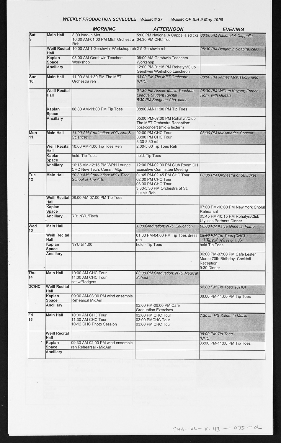 Carnegie Hall Booking Ledger, volume 43, page 75a