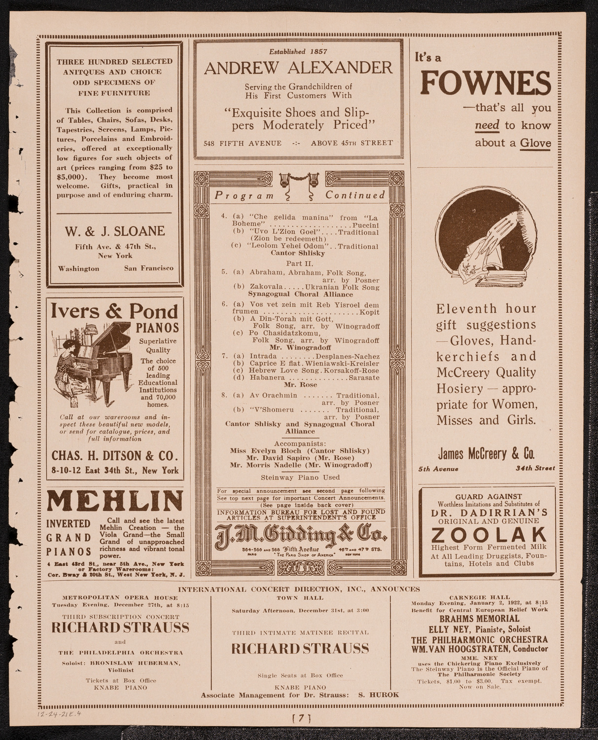 Joseph Shlisky, Josef Winogradoff, Maximilian Rose, and the Synagogual Choral Alliance, December 24, 1921, program page 7