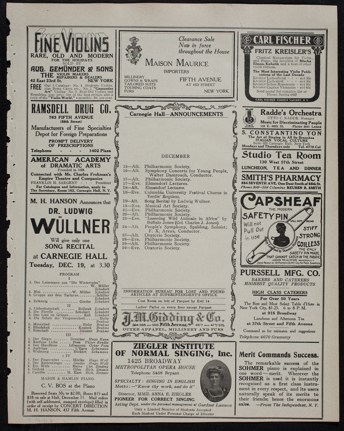 New York Philharmonic, December 14, 1911, program page 3