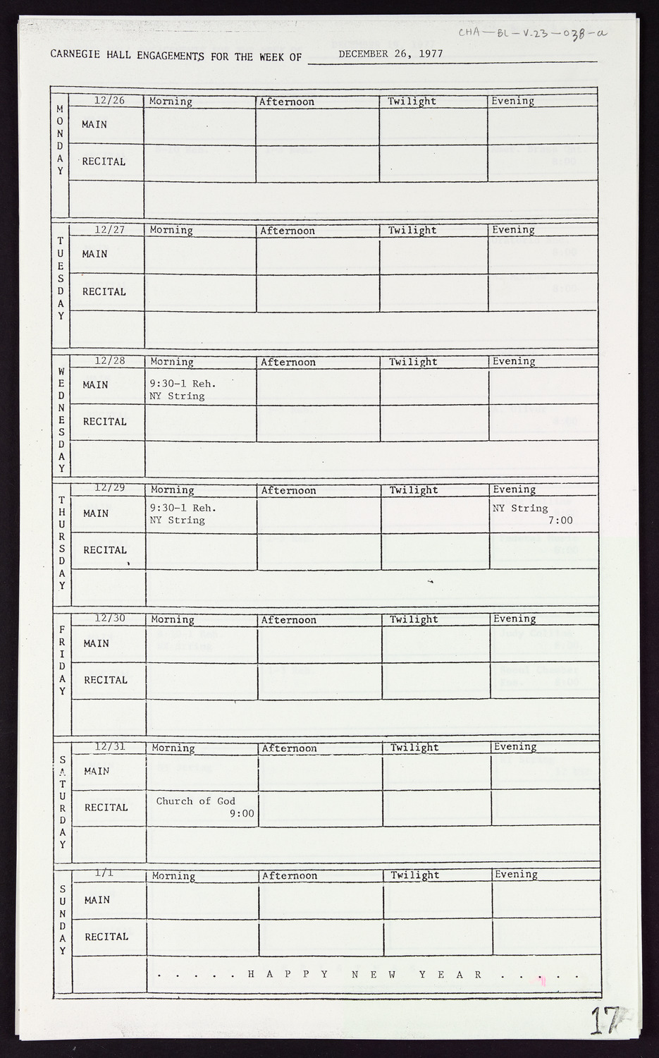 Carnegie Hall Booking Ledger, volume 23, page 38a