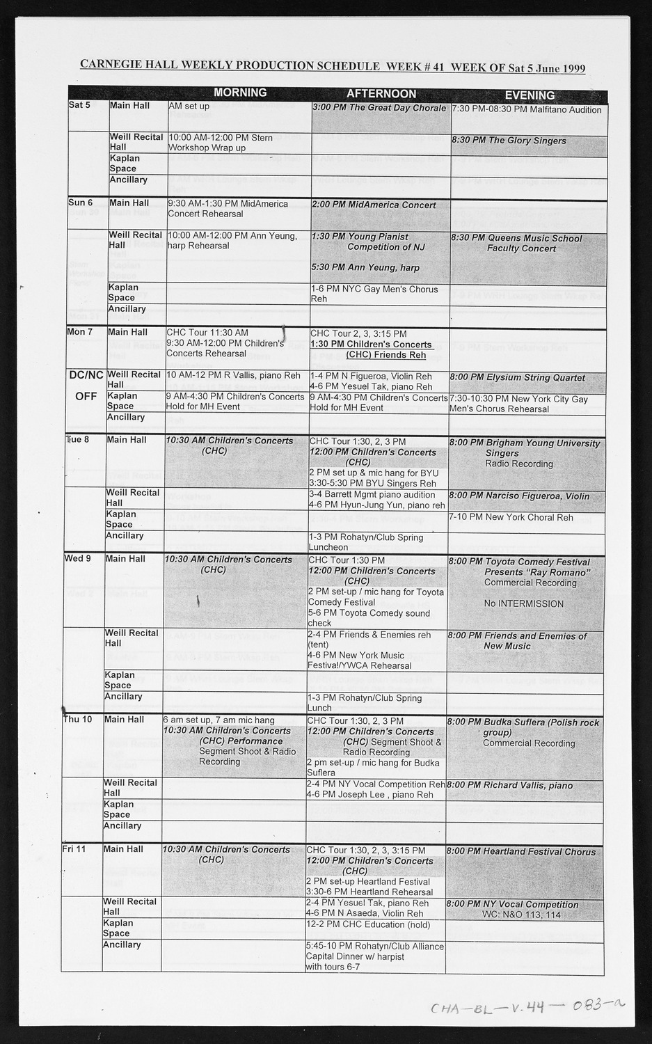 Carnegie Hall Booking Ledger, volume 44, page 83a