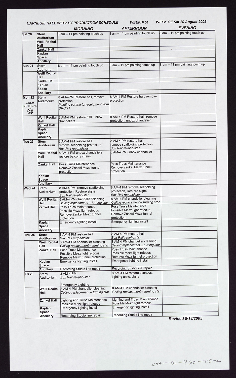 Carnegie Hall Booking Ledger, volume 50, page 105a