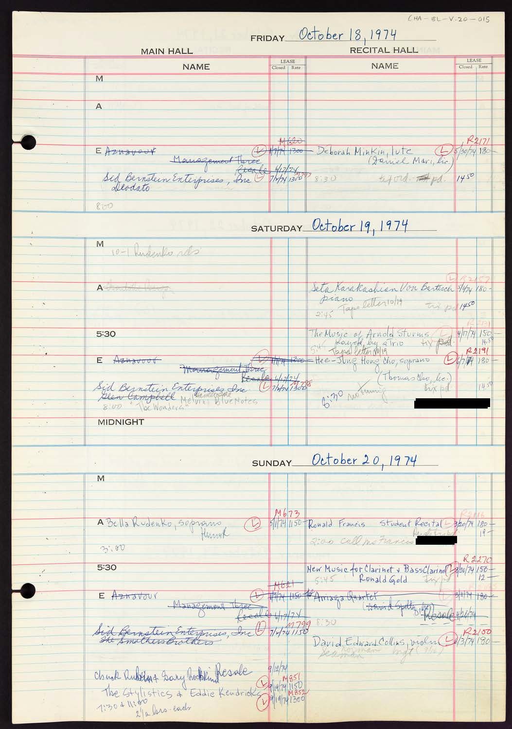 Carnegie Hall Booking Ledger, volume 20, page 15