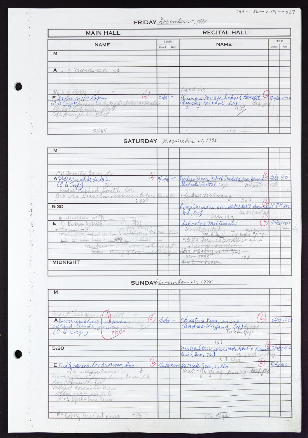 Carnegie Hall Booking Ledger, volume 44, page 27