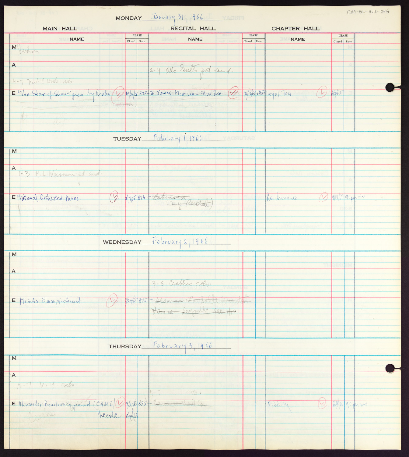 Carnegie Hall Booking Ledger, volume 11, page 46