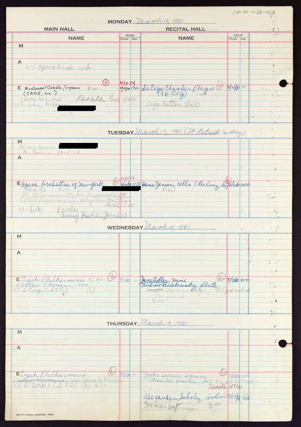 Carnegie Hall Booking Ledger, volume 26, page 58