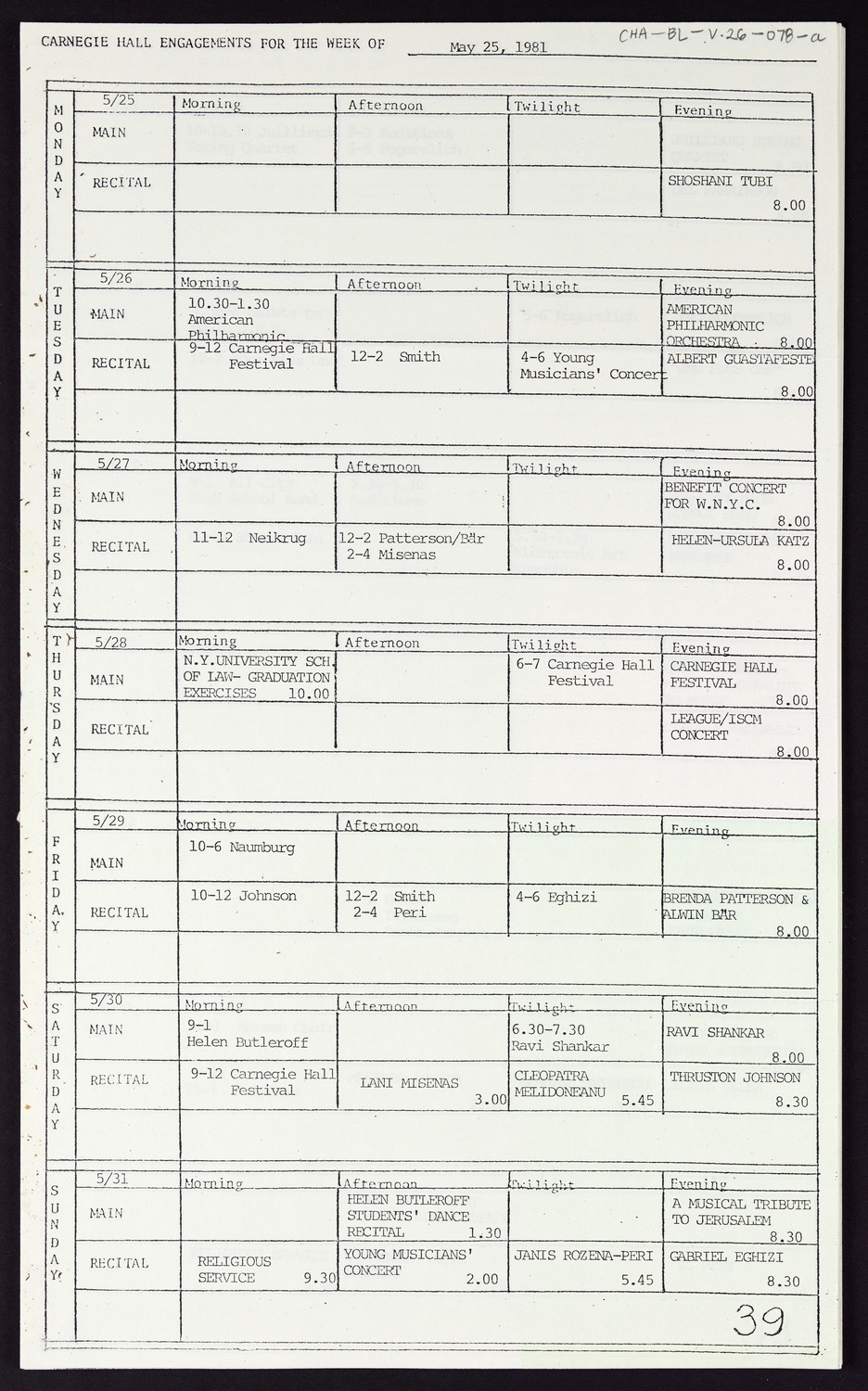 Carnegie Hall Booking Ledger, volume 26, page 78a