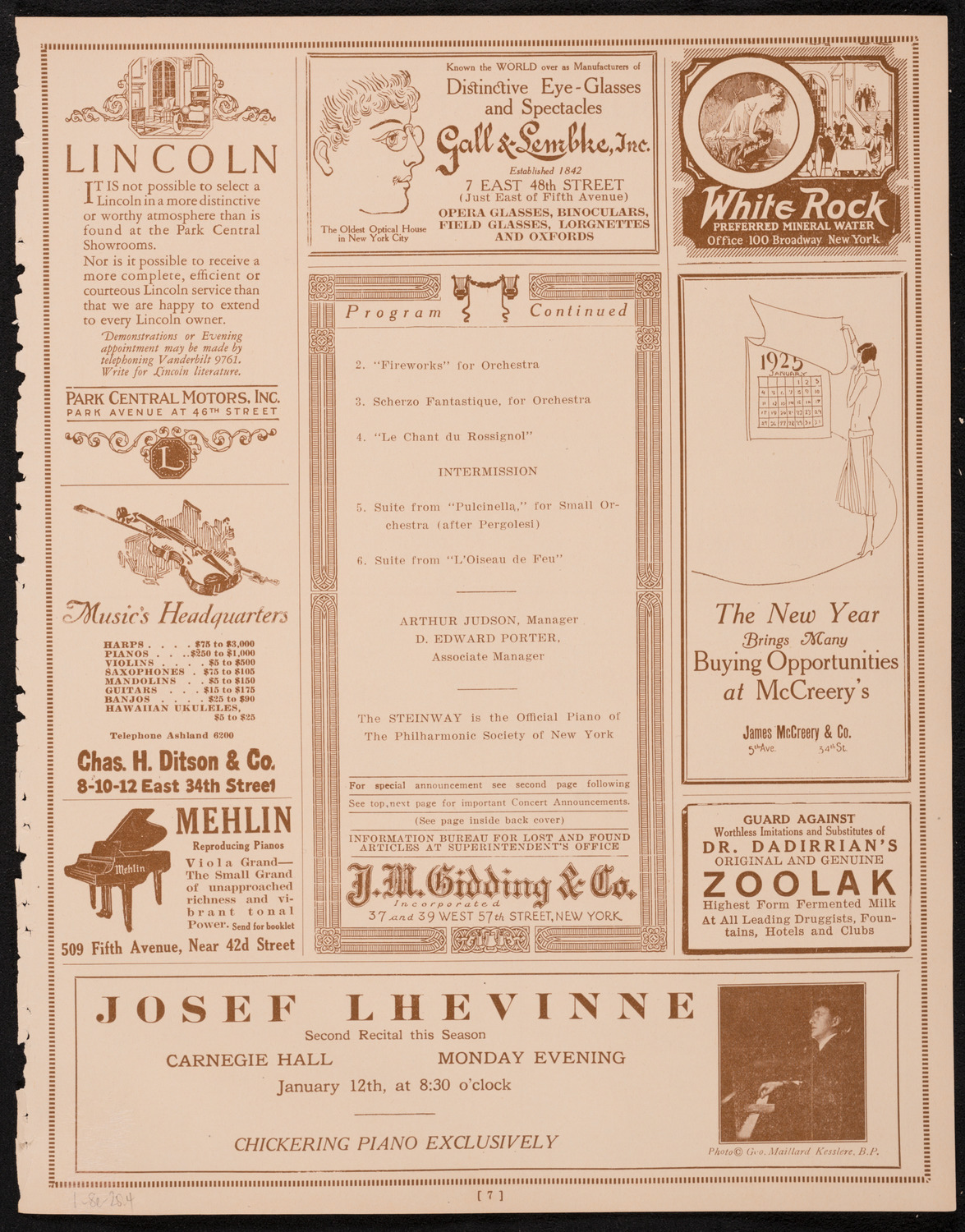 New York Philharmonic, January 8, 1925, program page 7