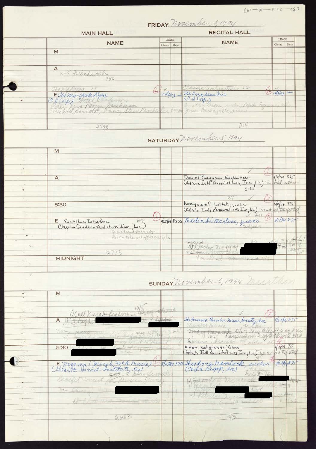 Carnegie Hall Booking Ledger, volume 40, page 23