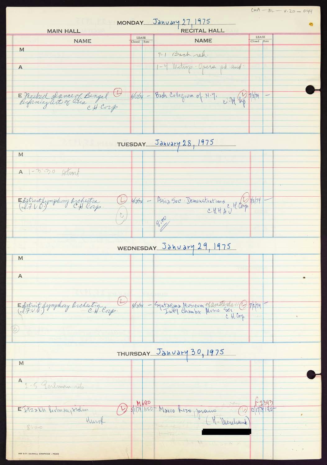 Carnegie Hall Booking Ledger, volume 20, page 44