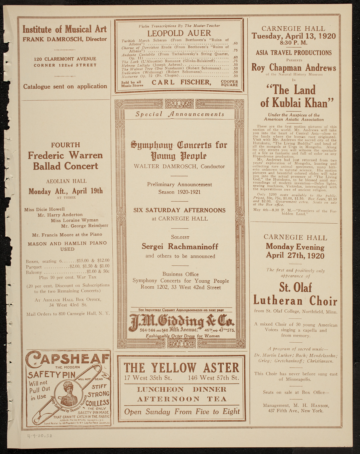Jascha Heifetz, Violin, April 4, 1920, program page 9