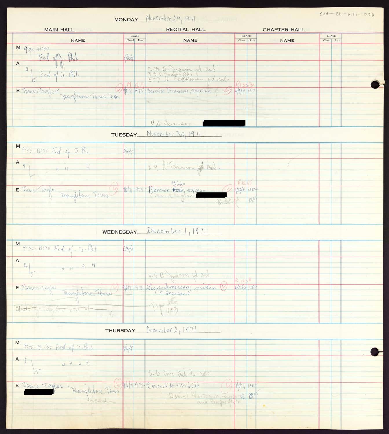 Carnegie Hall Booking Ledger, volume 17, page 28