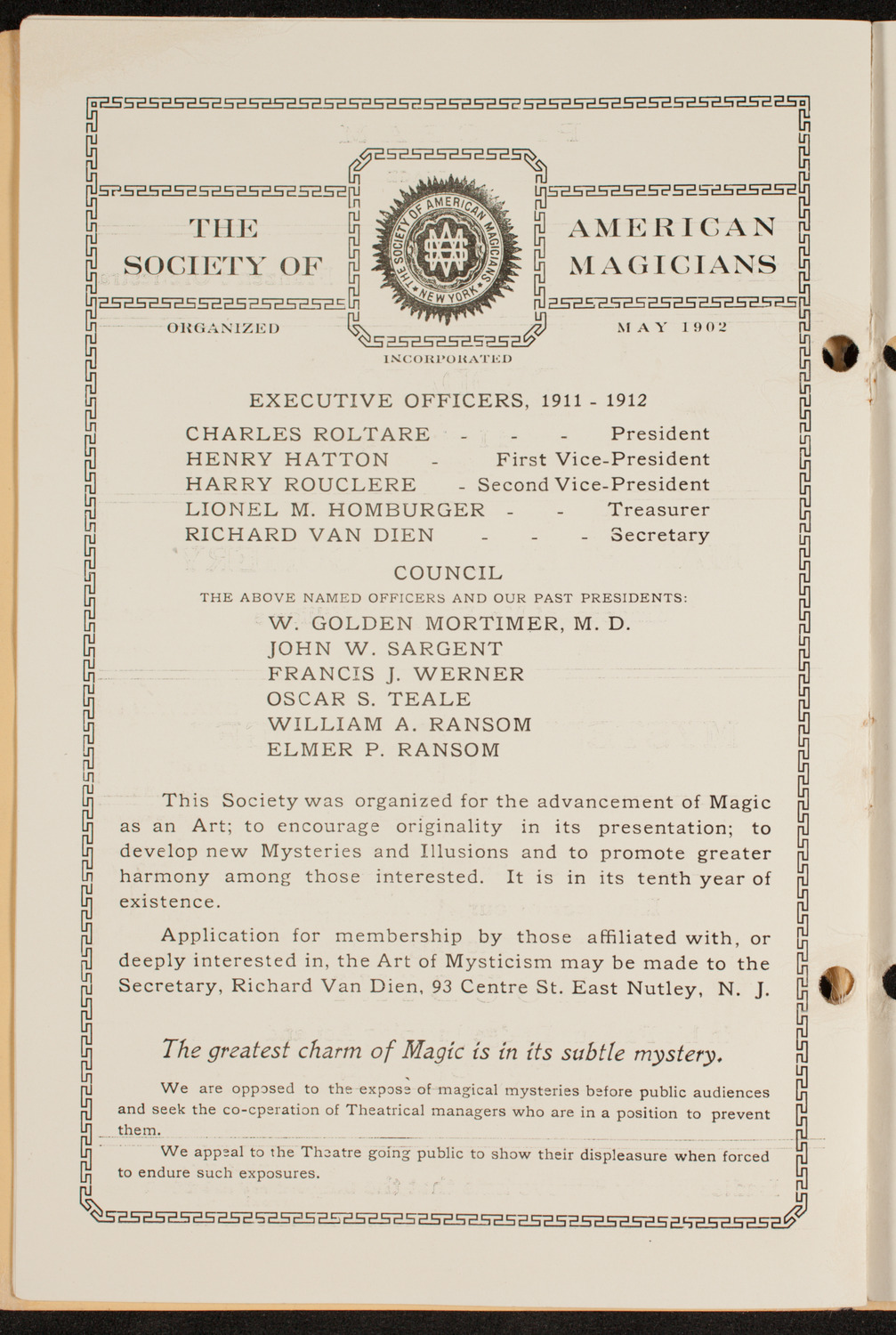 Society of American Magicians, March 26, 1912, program page 8