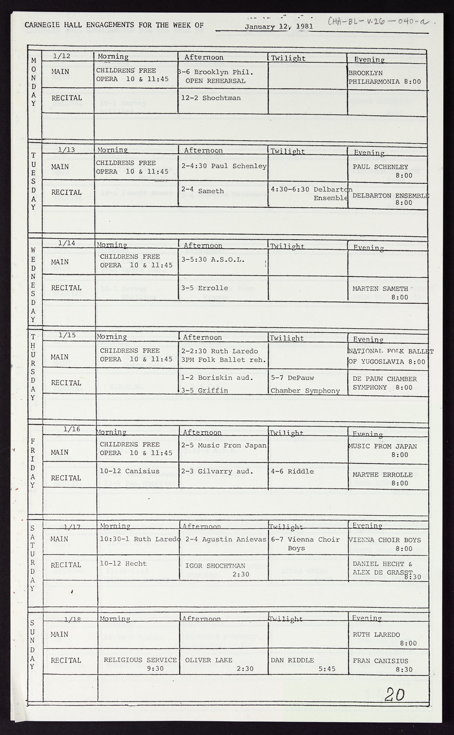 Carnegie Hall Booking Ledger, volume 26, page 40a