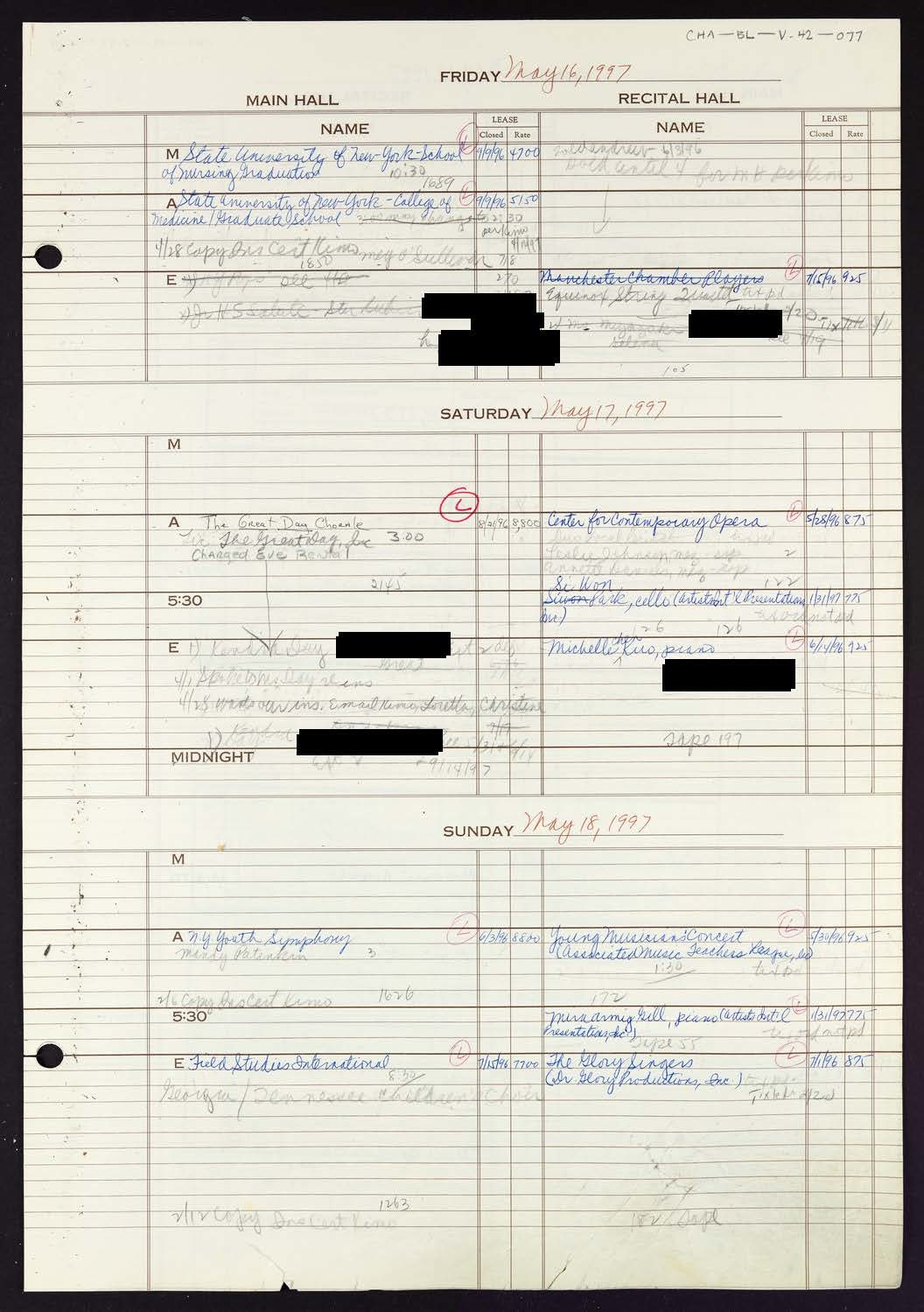 Carnegie Hall Booking Ledger, volume 42, page 77