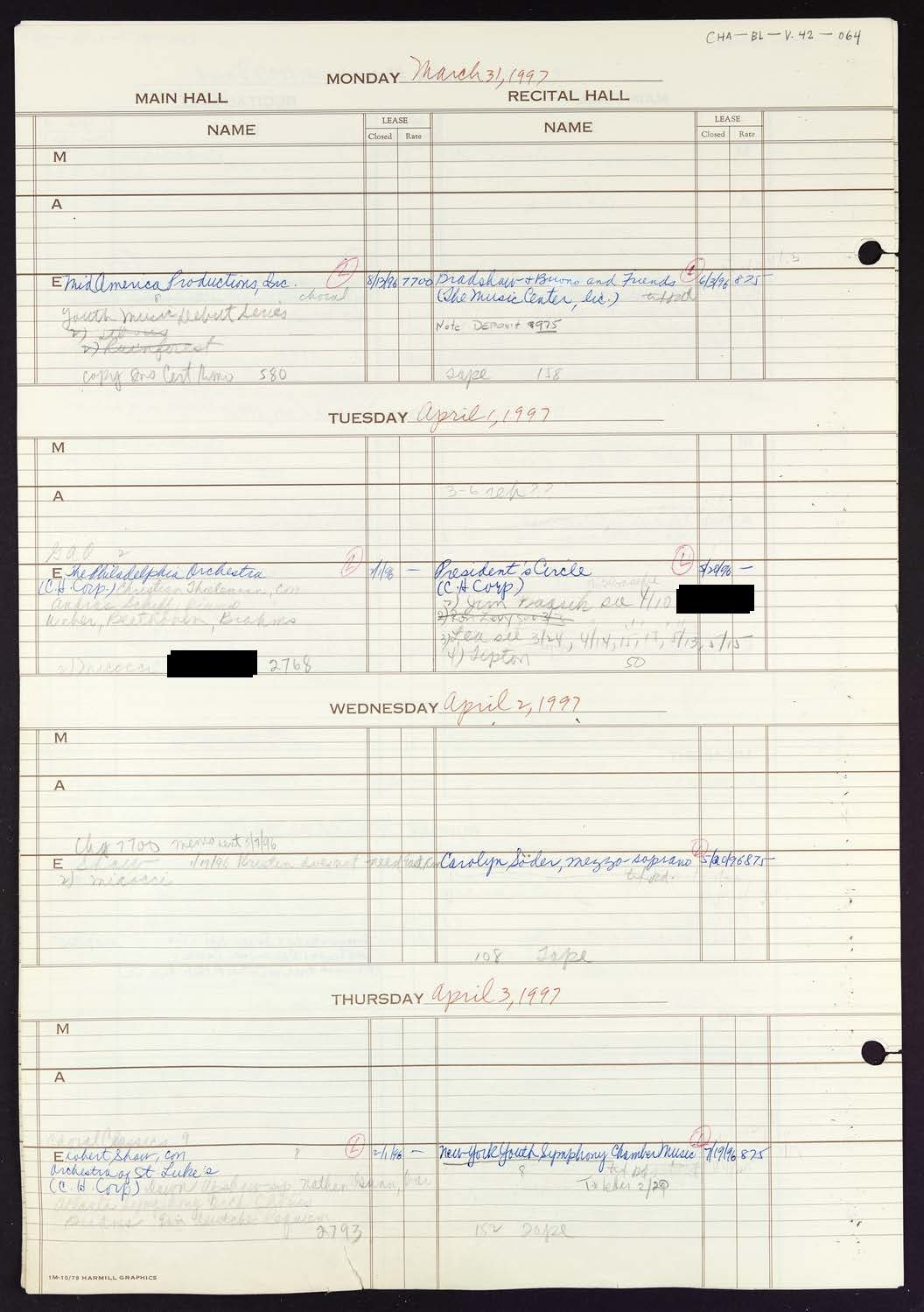 Carnegie Hall Booking Ledger, volume 42, page 64