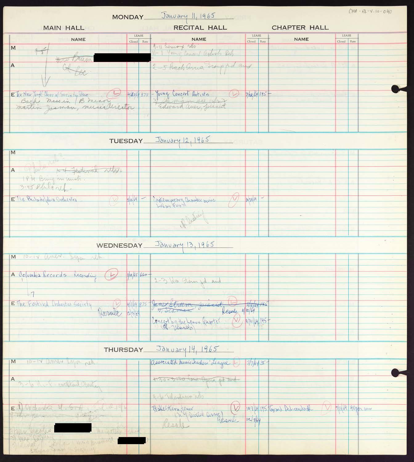 Carnegie Hall Booking Ledger, volume 10, page 40