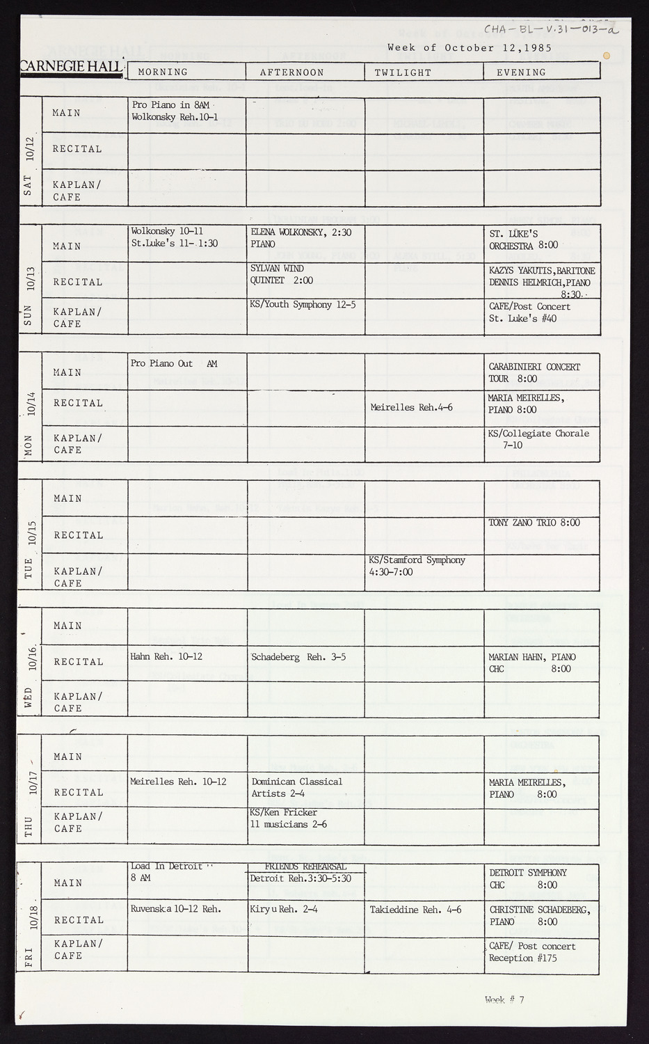 Carnegie Hall Booking Ledger, volume 31, page 13a