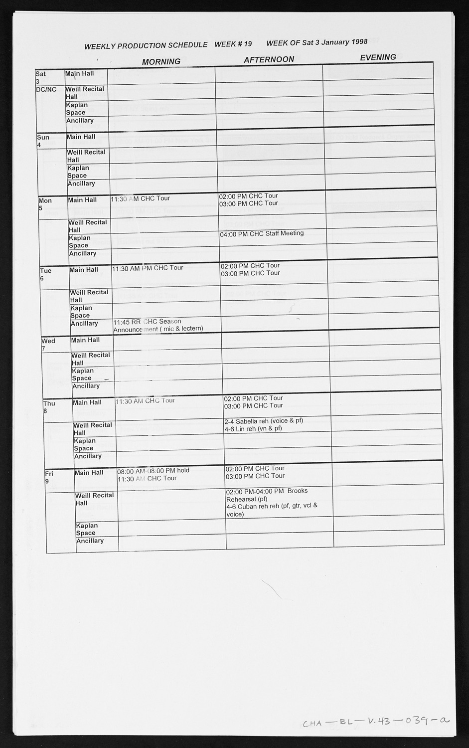 Carnegie Hall Booking Ledger, volume 43, page 39a