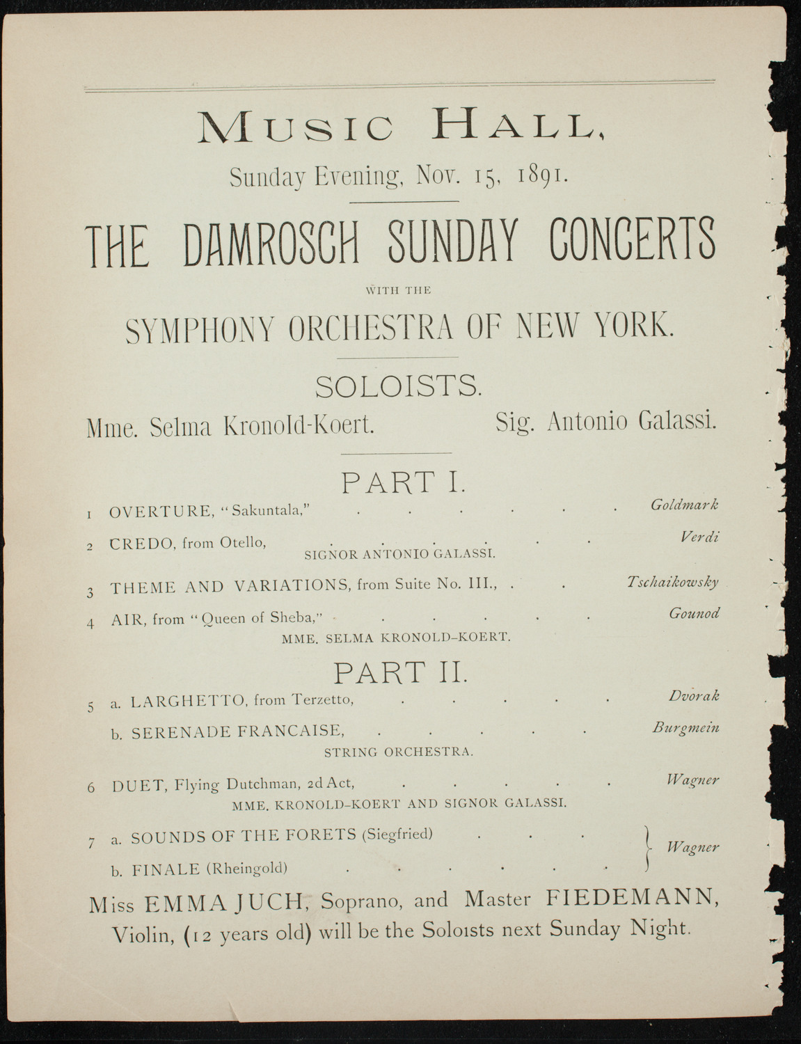 Damrosch Sunday Concert, November 15, 1891, program page 6