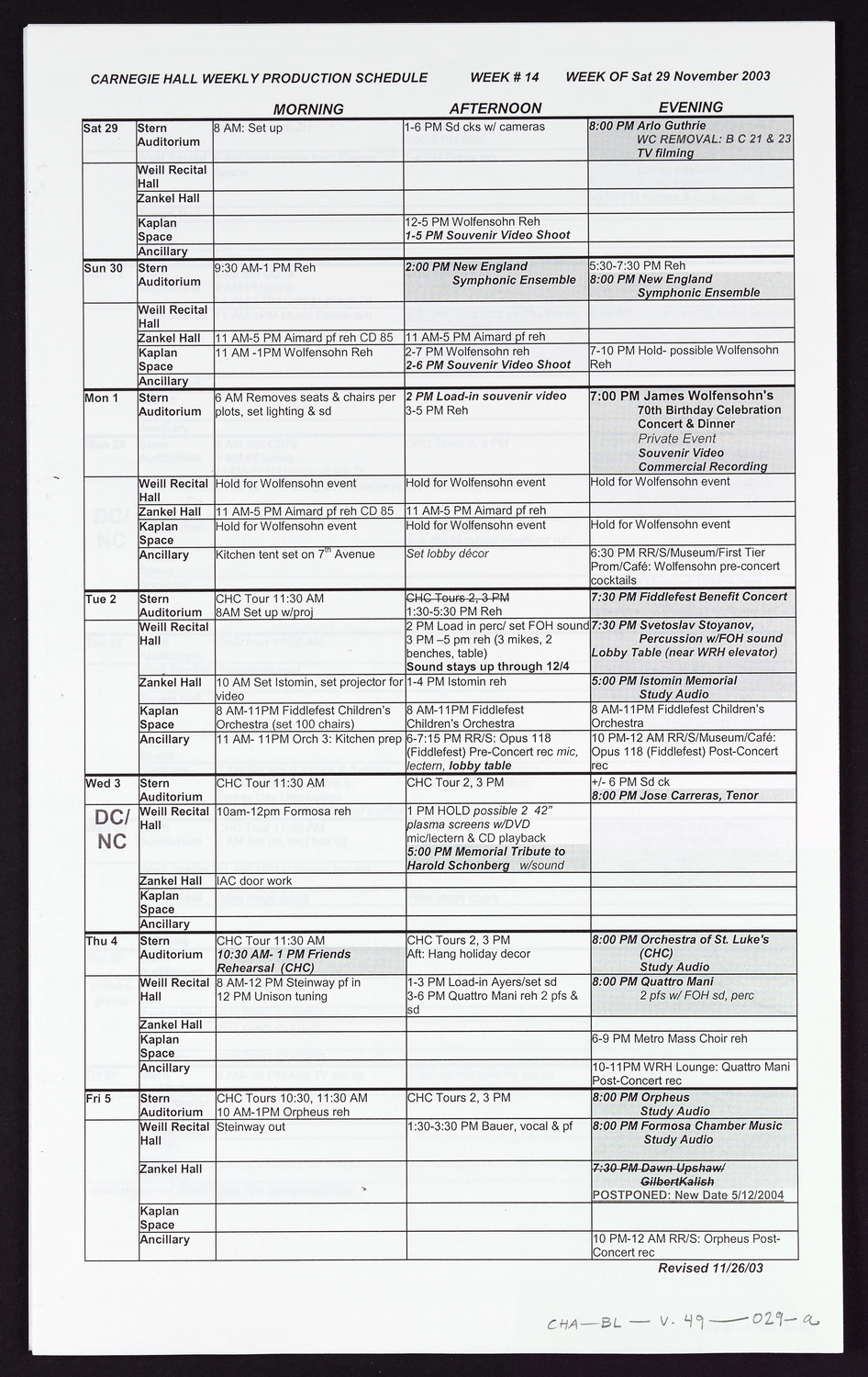 Carnegie Hall Booking Ledger, volume 49, page 29a