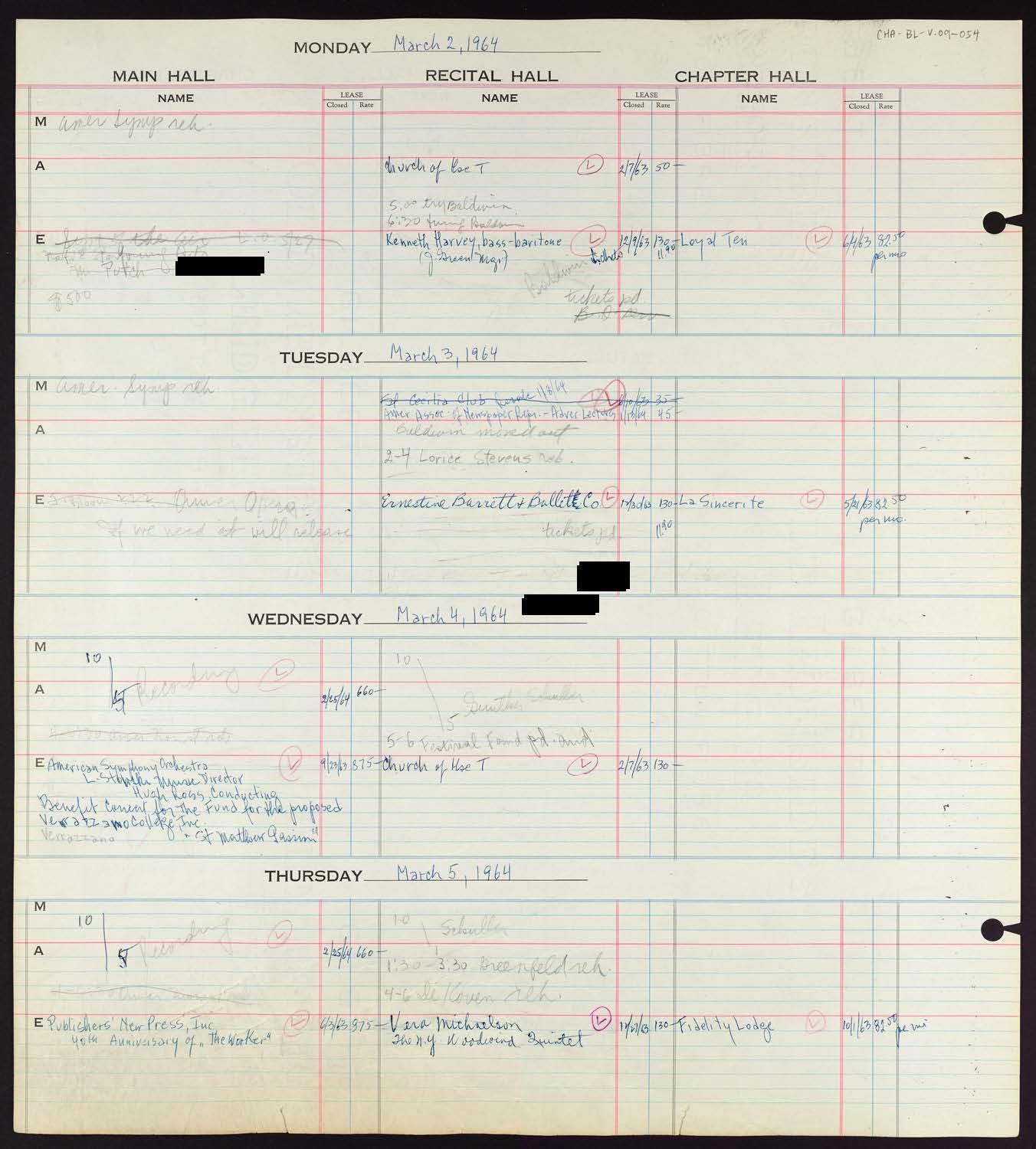 Carnegie Hall Booking Ledger, volume 9, page 54