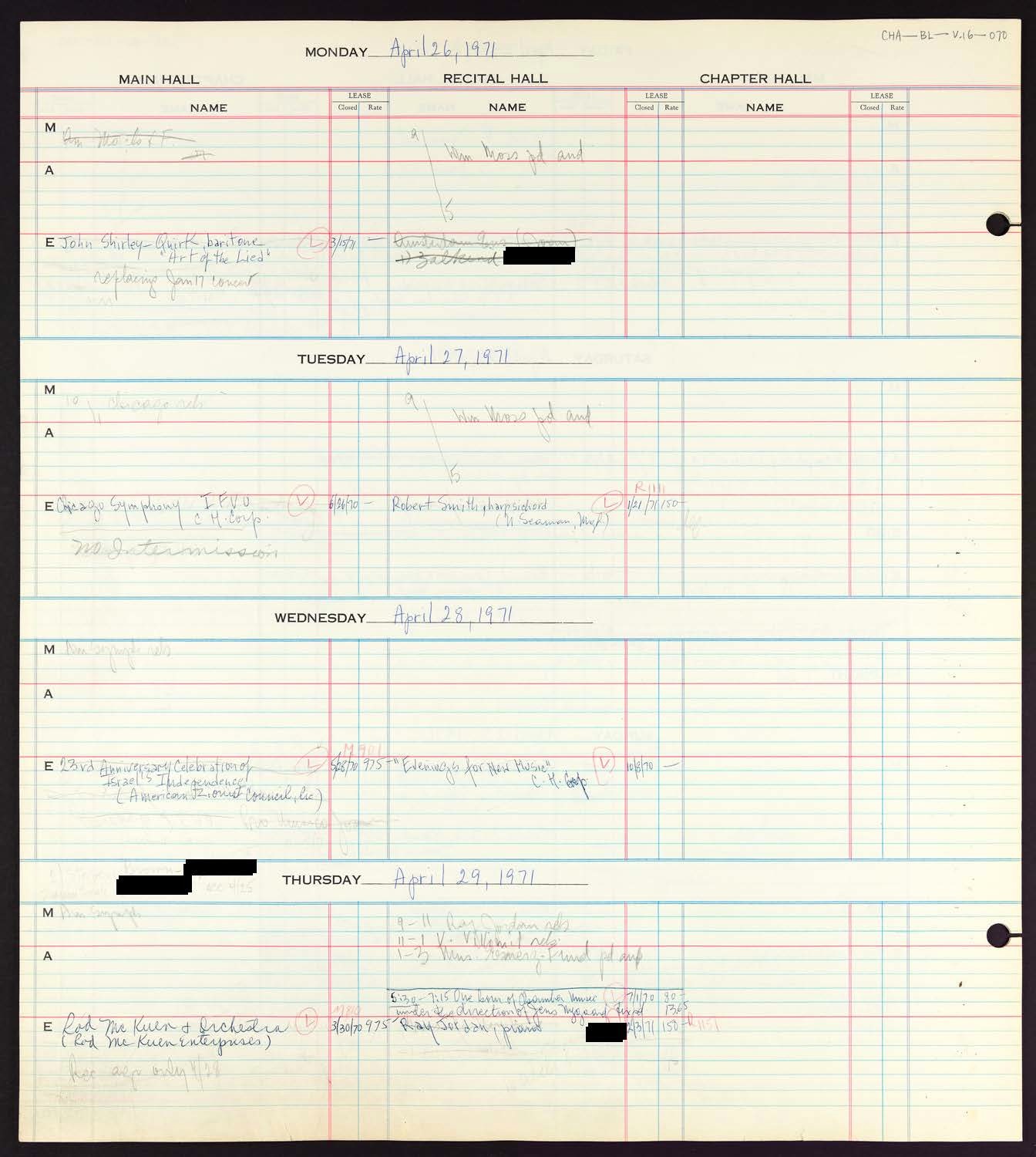 Carnegie Hall Booking Ledger, volume 16, page 70