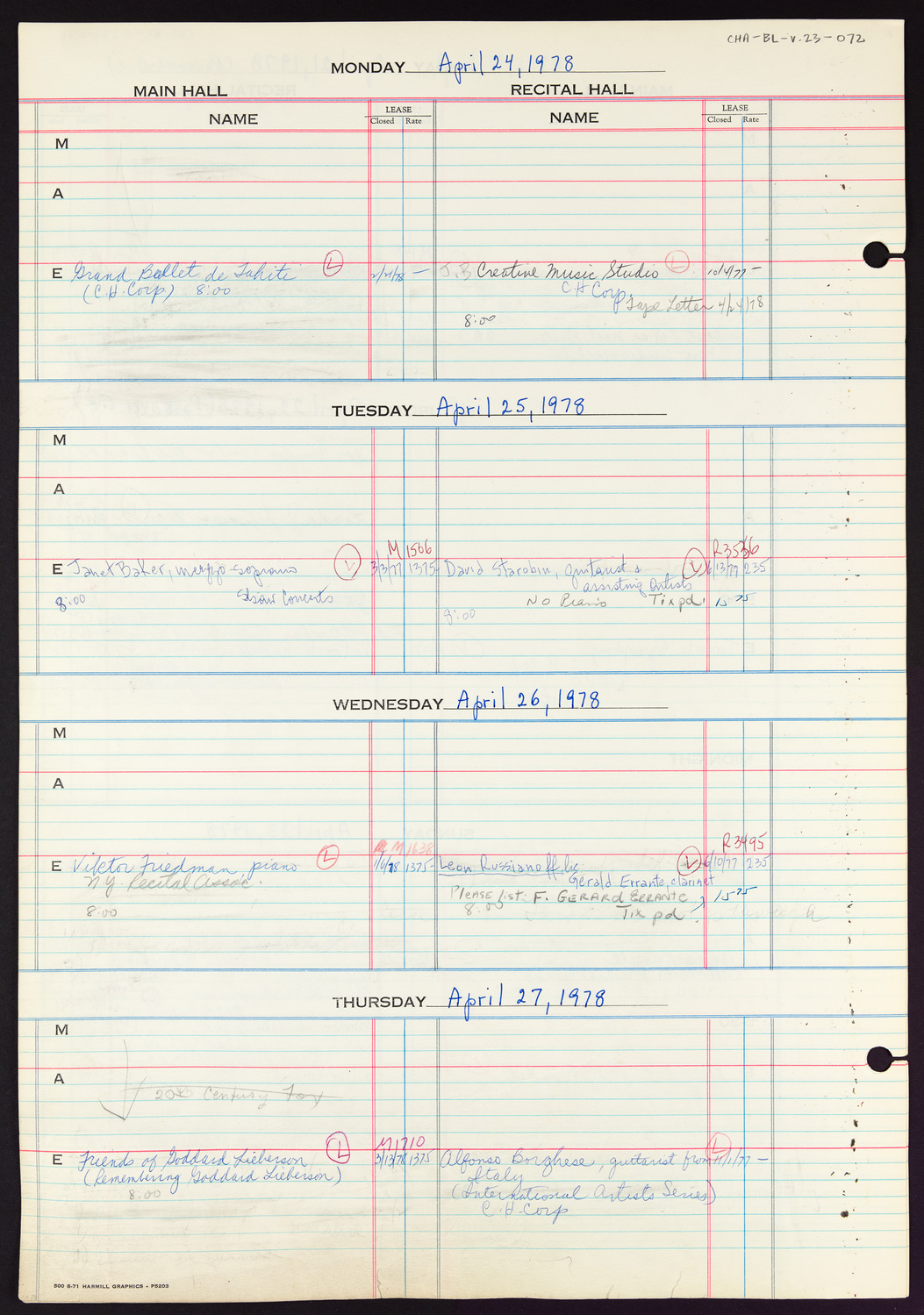 Carnegie Hall Booking Ledger, volume 23, page 72