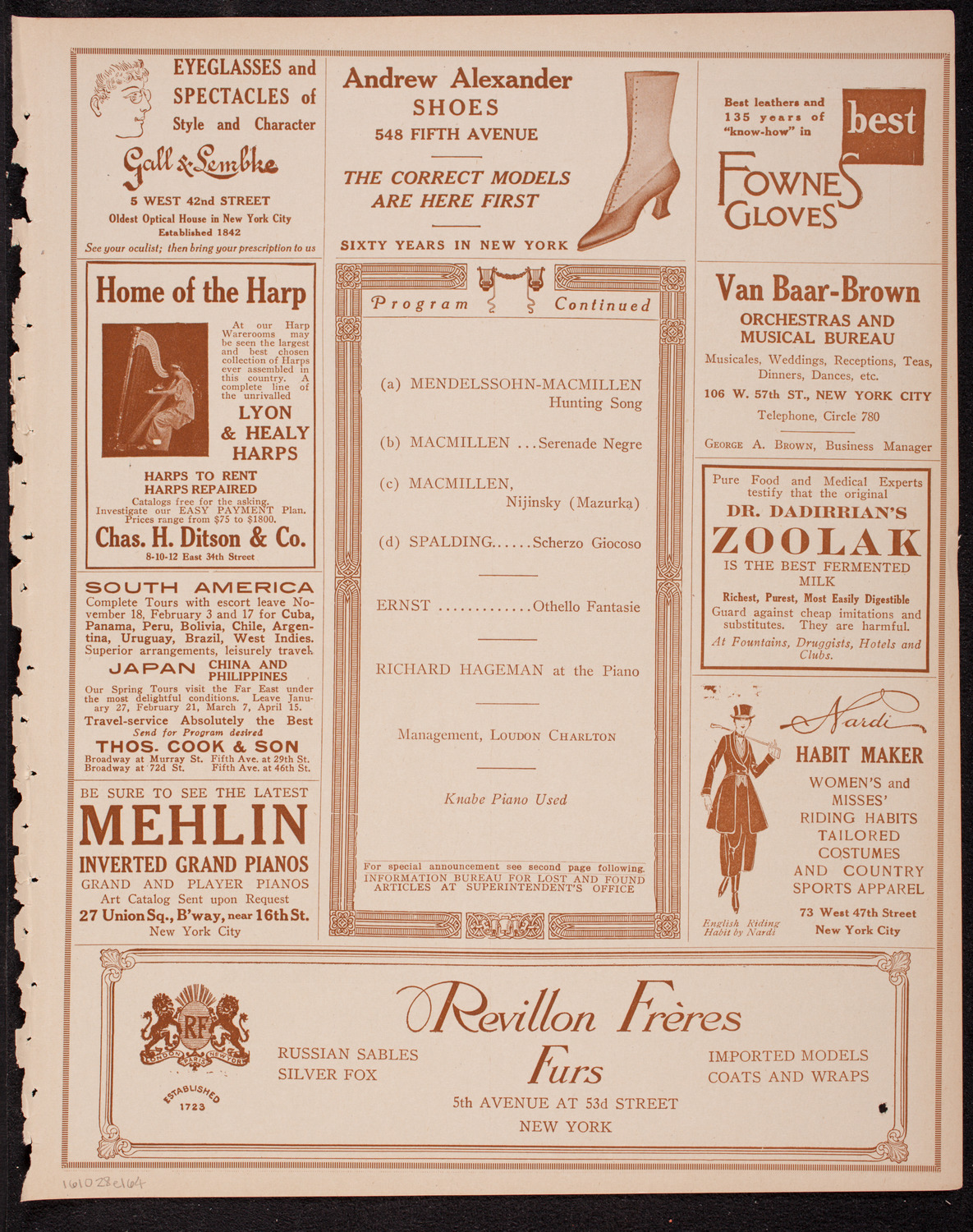 Francis MacMillen, Violin, October 28, 1916, program page 7