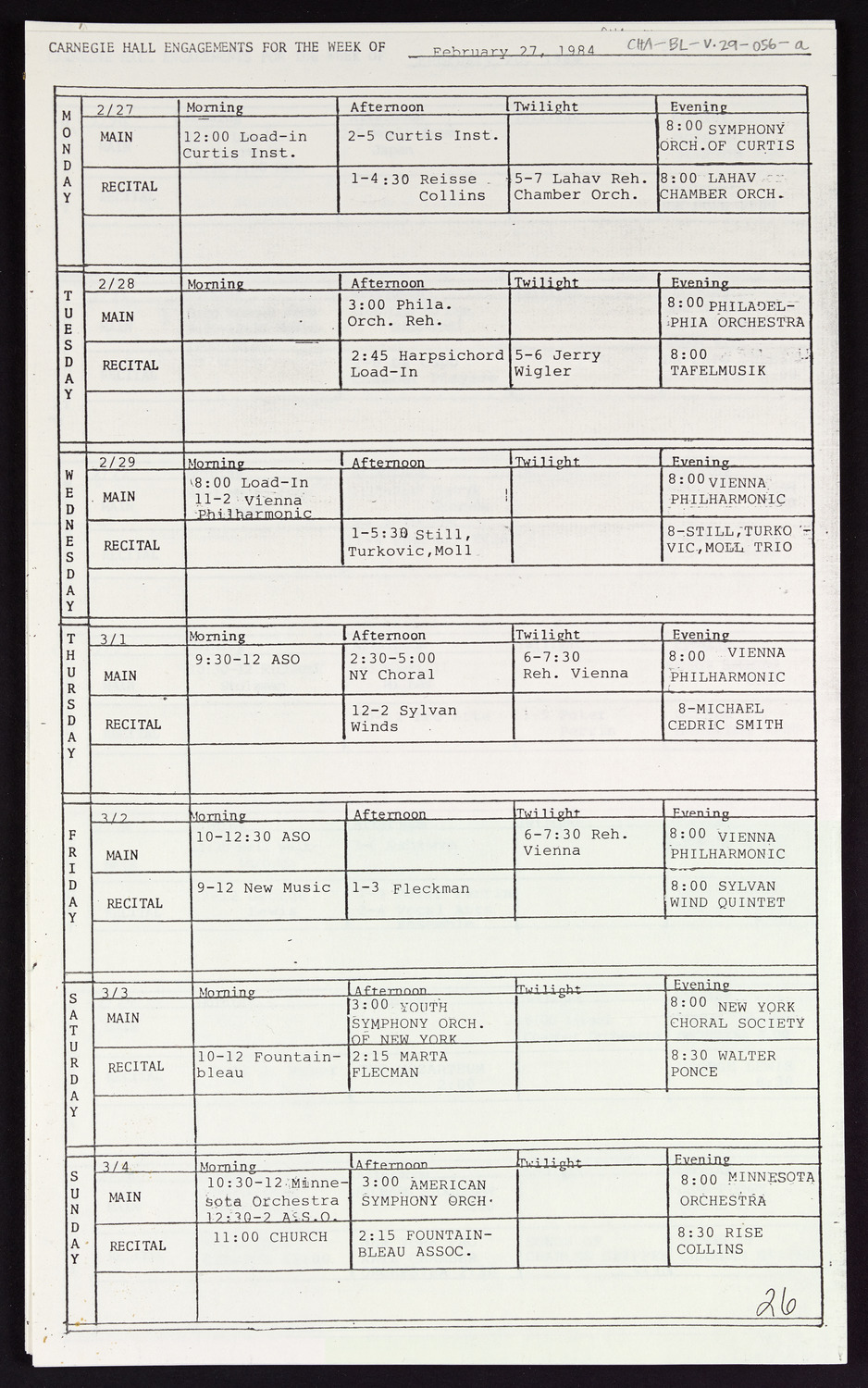 Carnegie Hall Booking Ledger, volume 29, page 56a