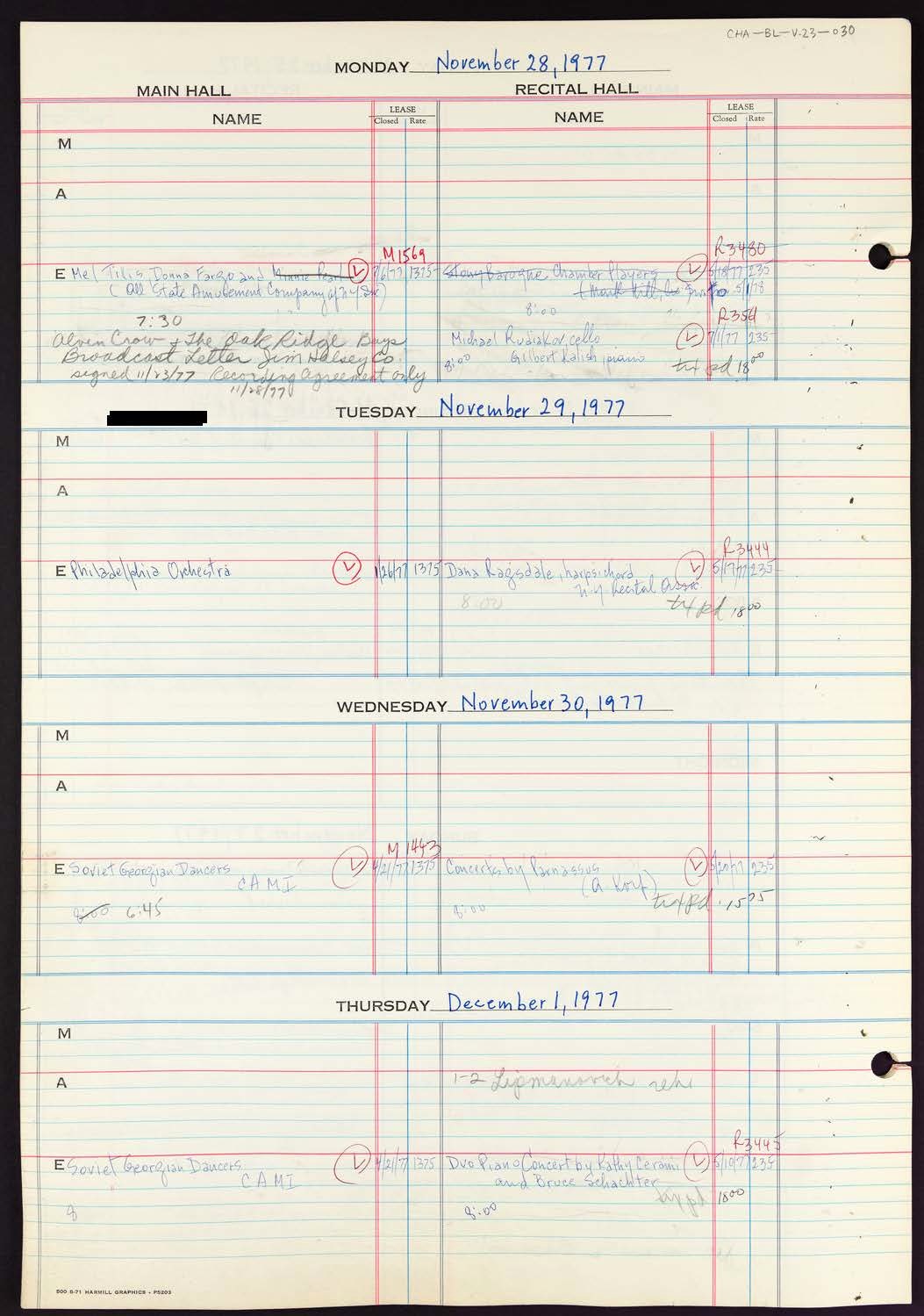 Carnegie Hall Booking Ledger, volume 23, page 30