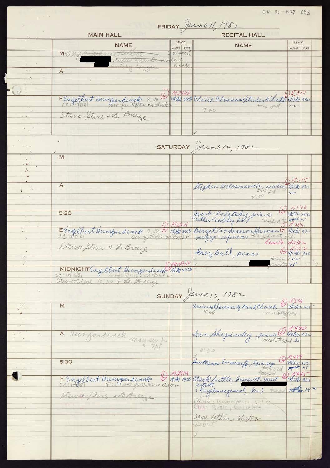 Carnegie Hall Booking Ledger, volume 27, page 85