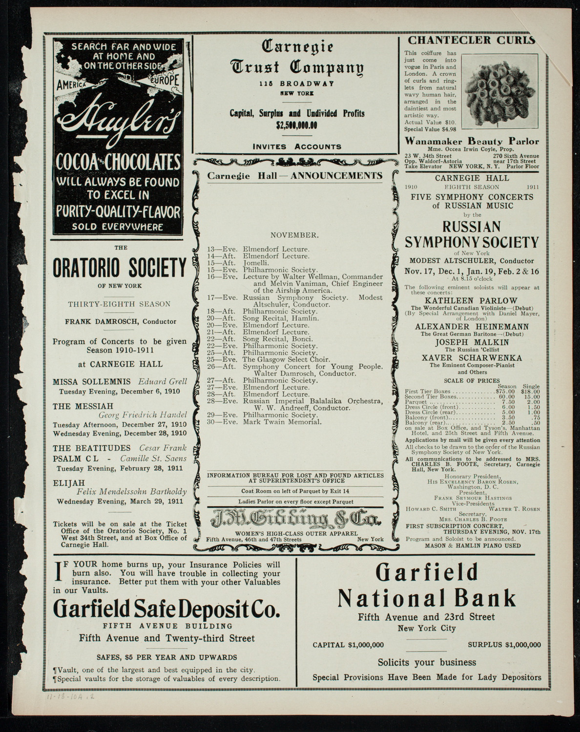 New York Philharmonic, November 13, 1910, program page 3