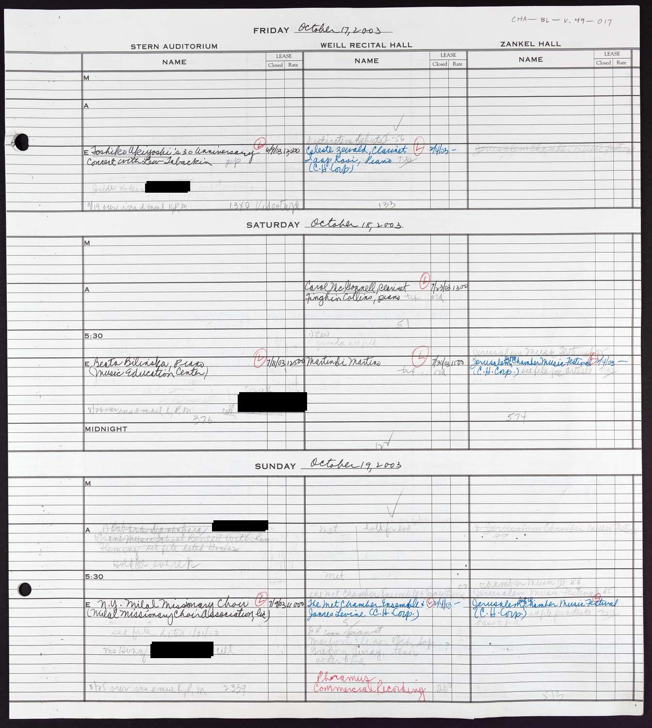 Carnegie Hall Booking Ledger, volume 49, page 17