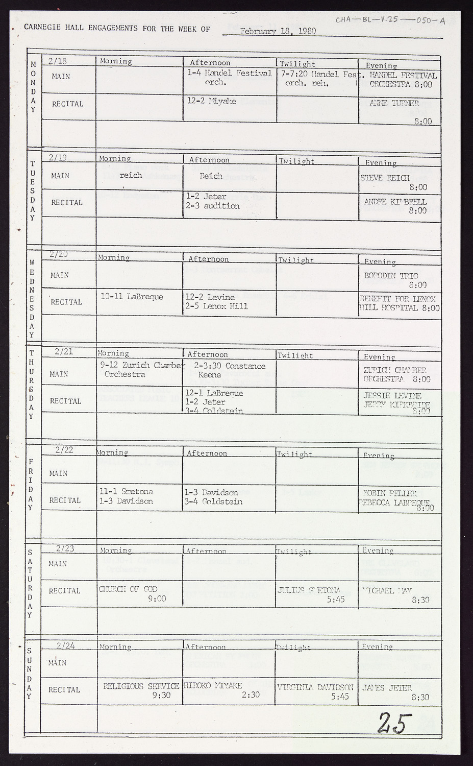 Carnegie Hall Booking Ledger, volume 25, page 50a