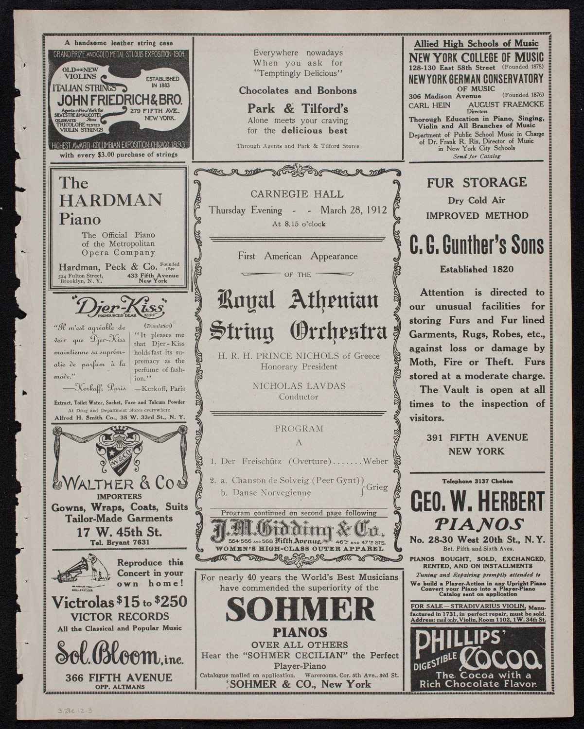 Royal Athenian String Orchestra, March 28, 1912, program page 5