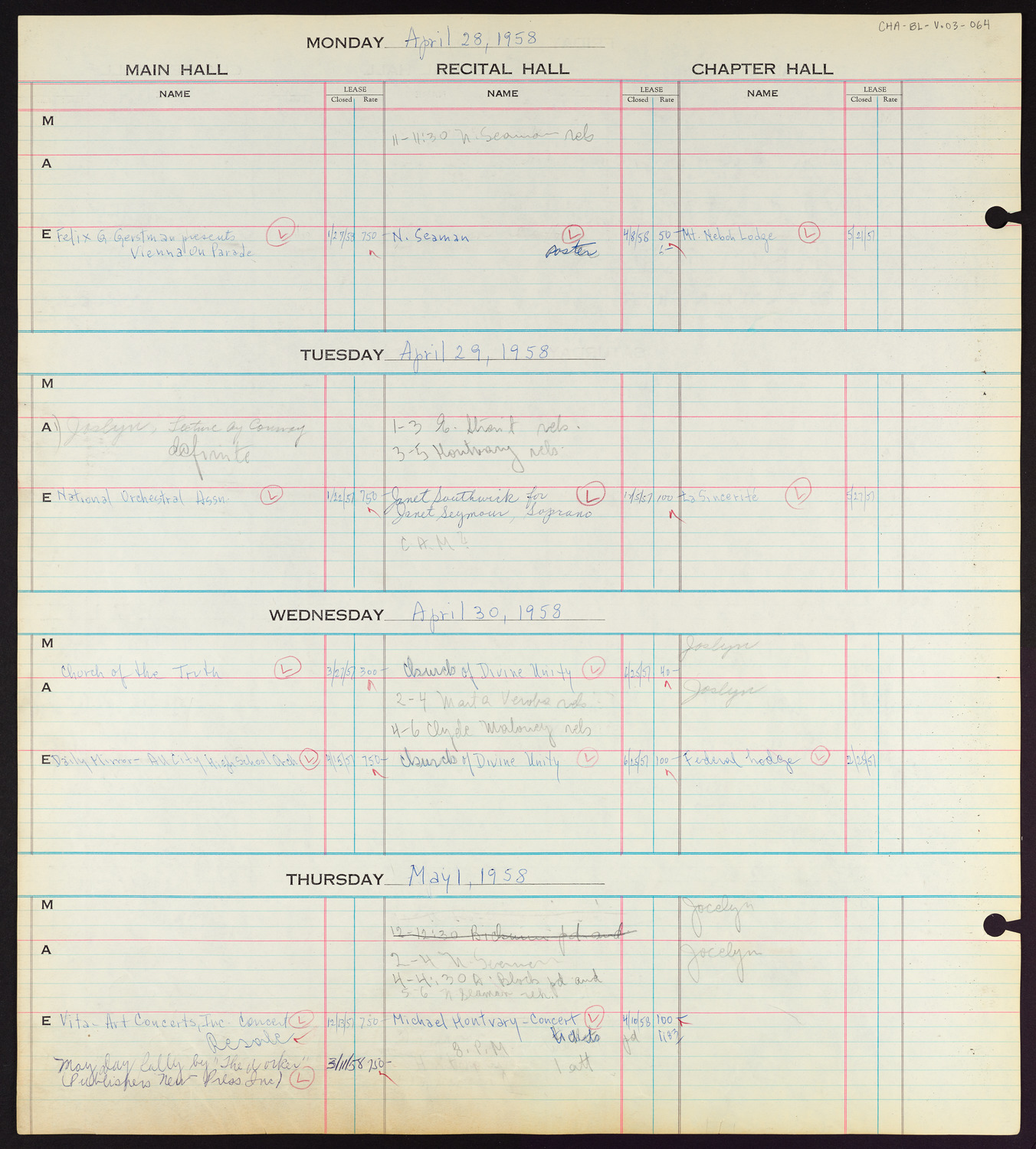 Carnegie Hall Booking Ledger, volume 3, page 64