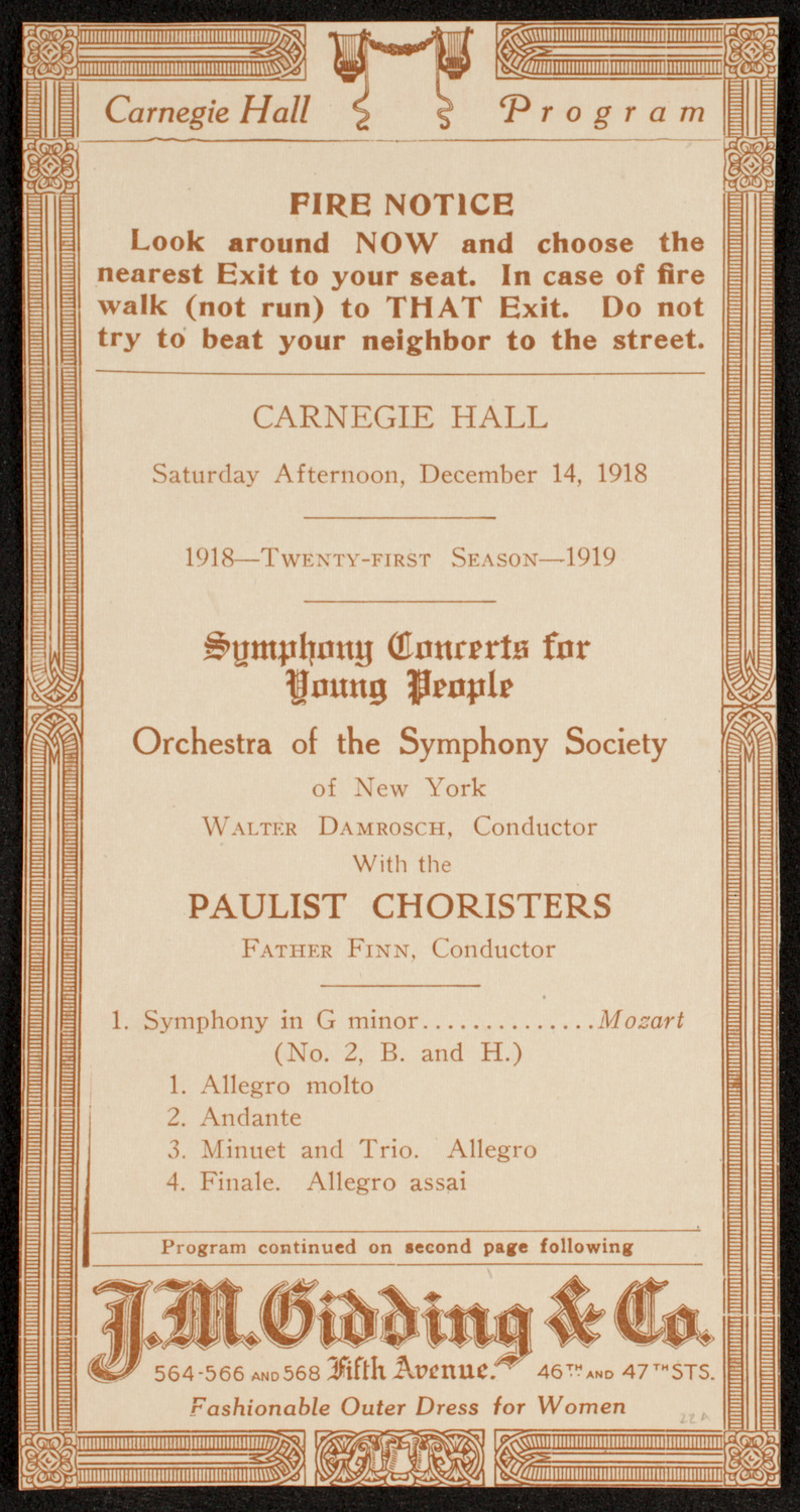 Symphony Concert for Young People, December 14, 1918, program page 1