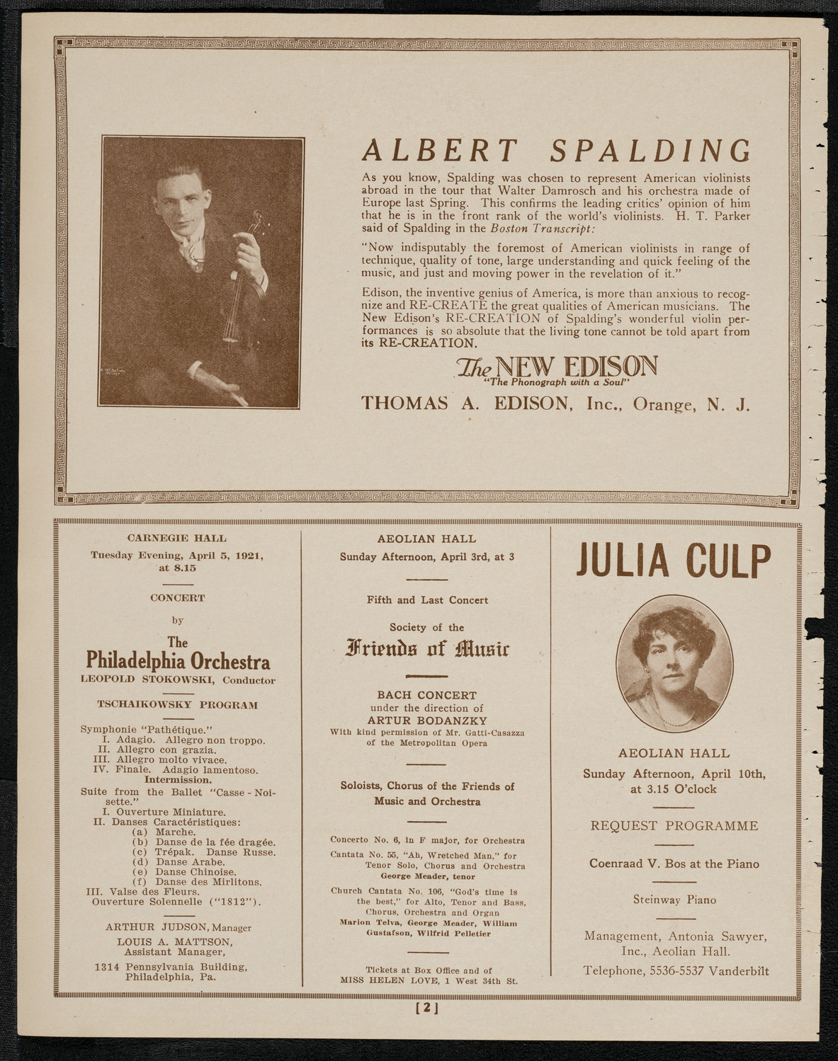 Mishel Piastro, Violin, April 2, 1921, program page 2