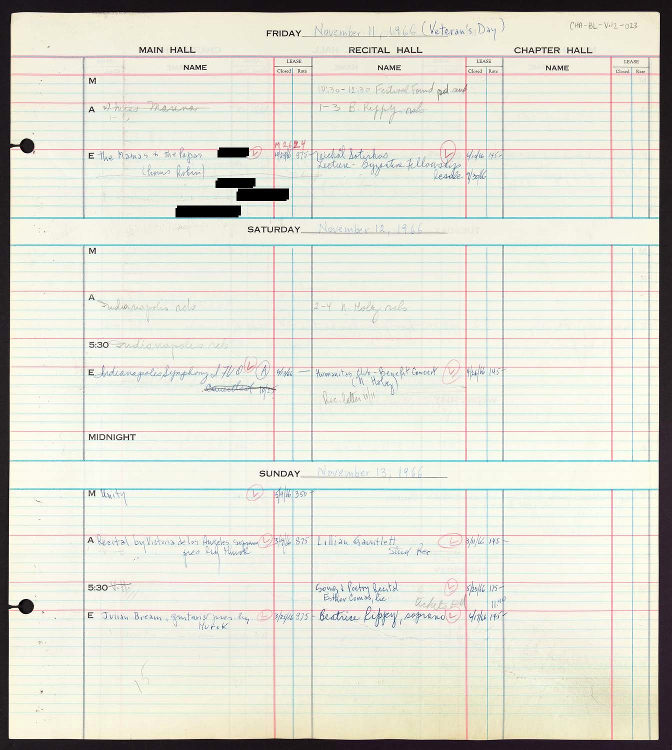 Carnegie Hall Booking Ledger, volume 12, page 23